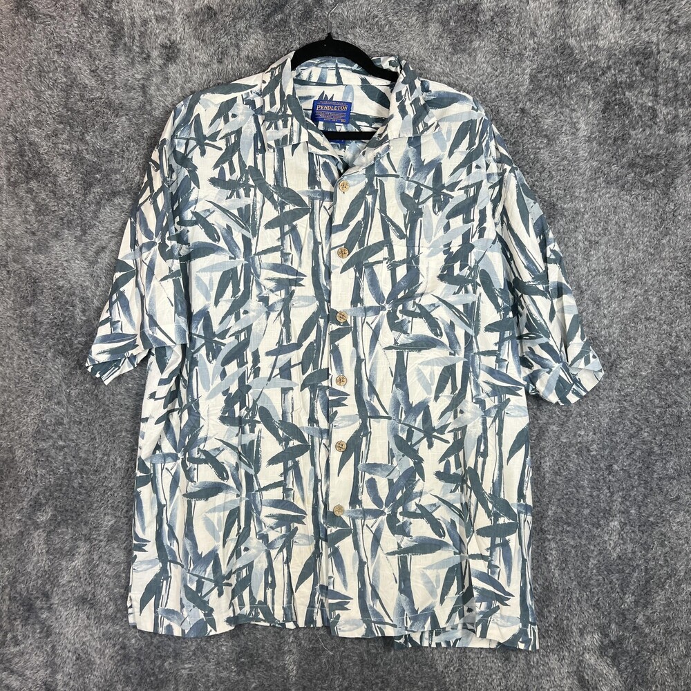 Pendleton Bamboo Print Shirt Mens XL Blue Leaf Short Sleeve Button Up Tropical